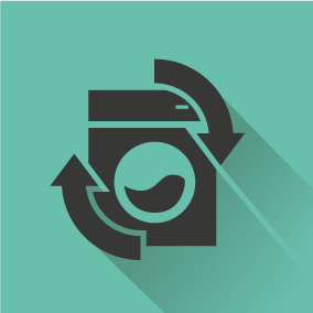 Piktogramm für Gerätetausch, zeigt eine Waschmaschine mit zwei kreisenden Pfeilen, auf einem türkisen Hintergrund.