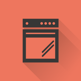 Piktogramm eines Herdes oder Ofens auf einem roten Hintergrund. 